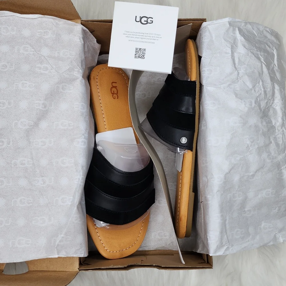 UGG Ximena Slip On Slide Sandals Black Leather